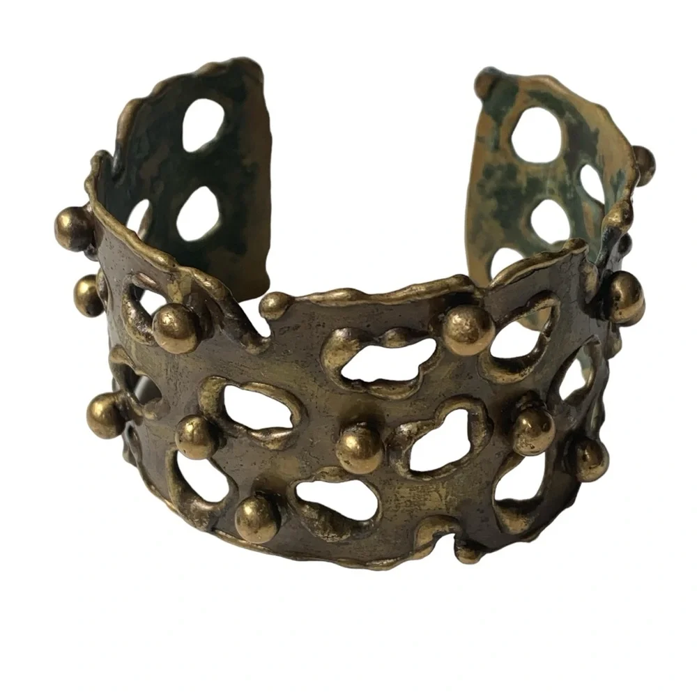 Vintage Brutalist Mid Century Modernist Brass Cuff Woman’s Bracelet Jewelry - Picture 2 of 9